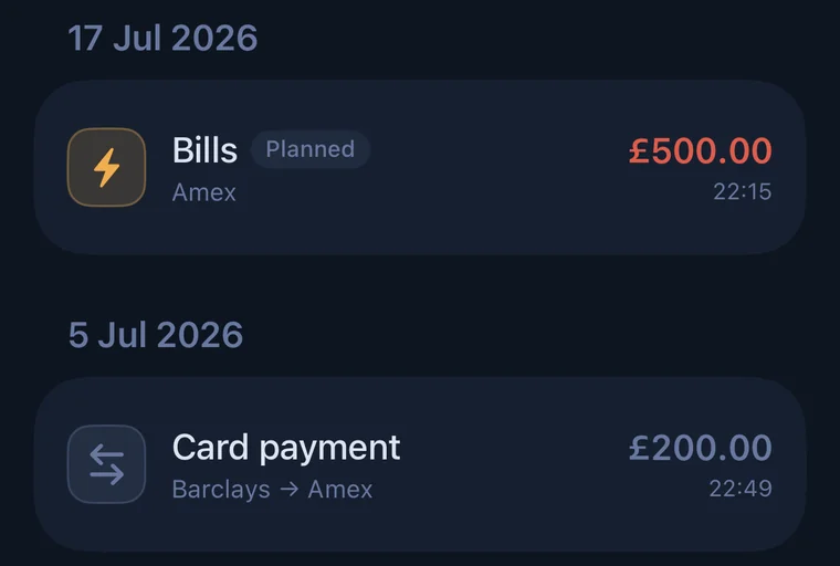 Flowwise Activity list. A Bills expense of £500.00 shows in coral as spending, while a Card payment of £200.00 from Barclays to Amex shows neutrally as money moved.