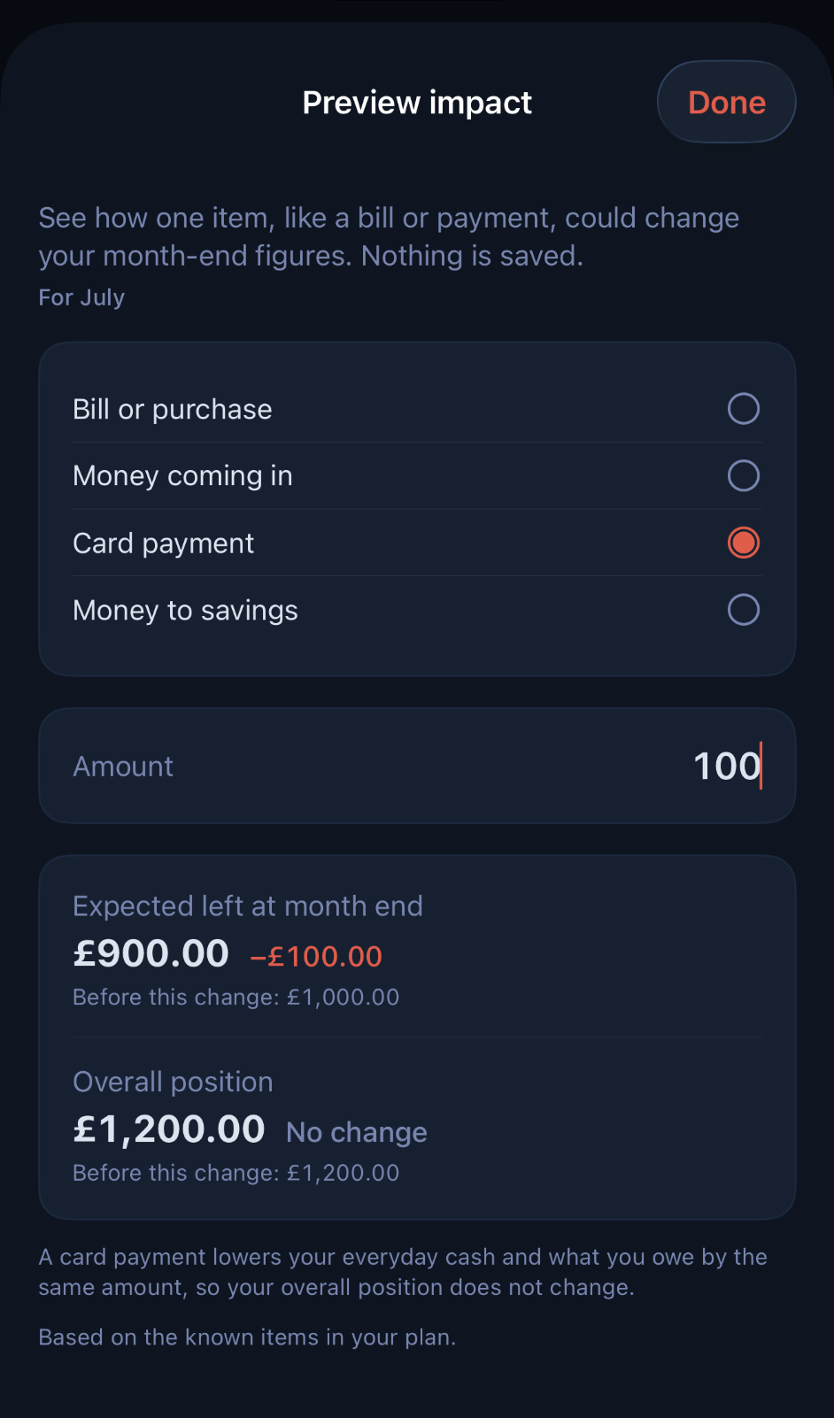 Flowwise Plus Preview Impact result for a £100 card payment. Expected left at month end changes from £1,000 to £900, while Overall position remains £1,200 with No change.